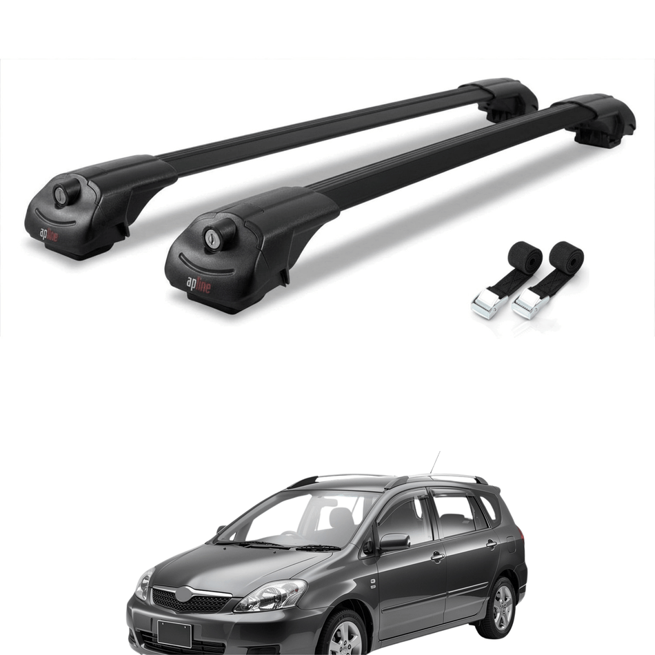 Roof Bars Compatible with Toyota Corolla Spacio 2 (E120) 2001-2007, Black, 2 Bars with Straps