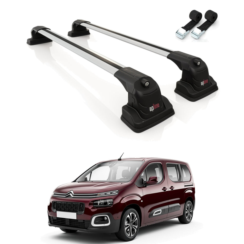 Roof Bars Compatible with Citroen Berlingo 2019-2023, Grey, 2 Bars with Straps