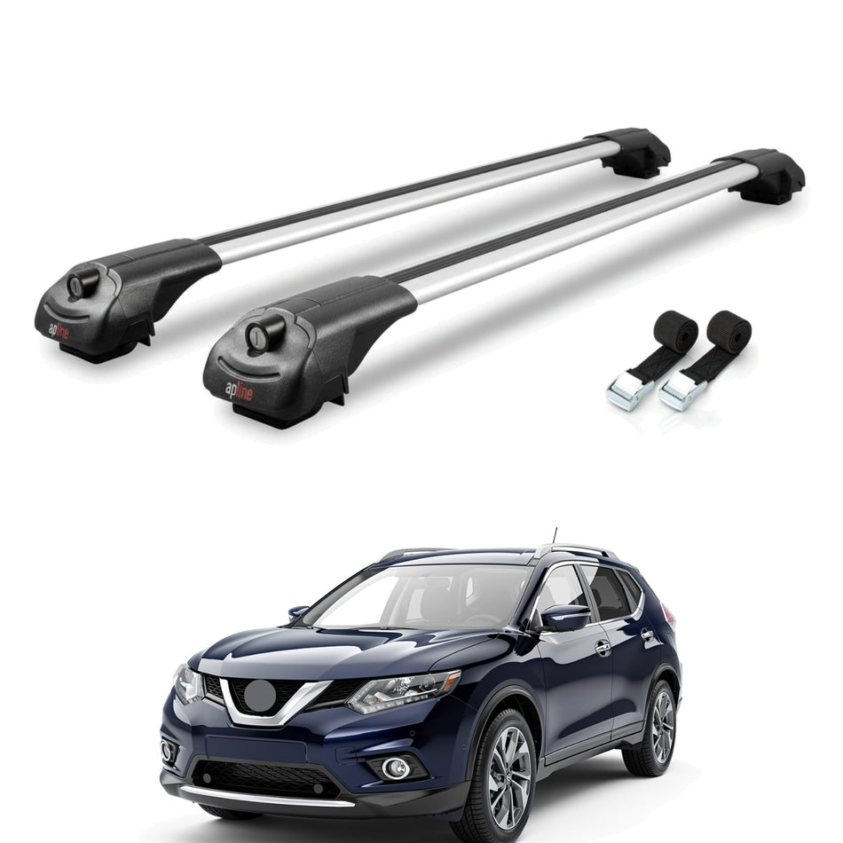 Roof Bars Compatible with Nissan Rogue 2 (T32) 2014-2020, Grey, 2 Bars with Straps.