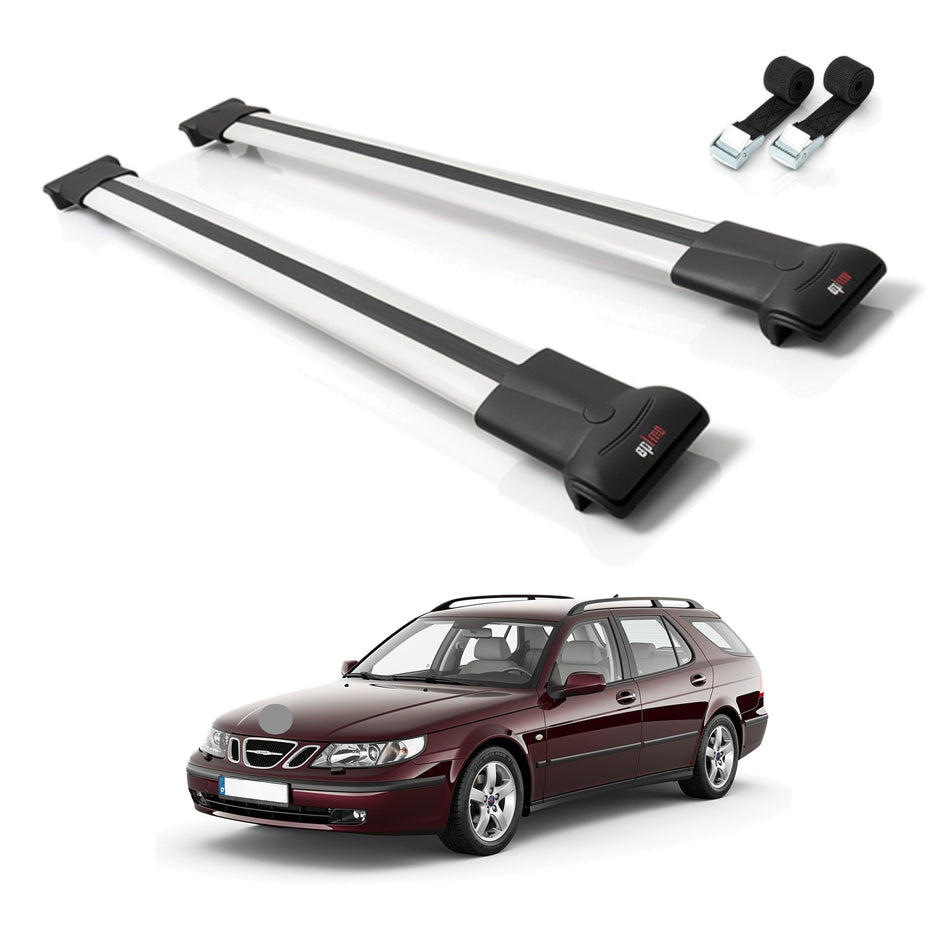 Roof Bars Compatible with Saab 9-5 (YS3E) SW 1998-2010, Grey, 2 Bars with Straps