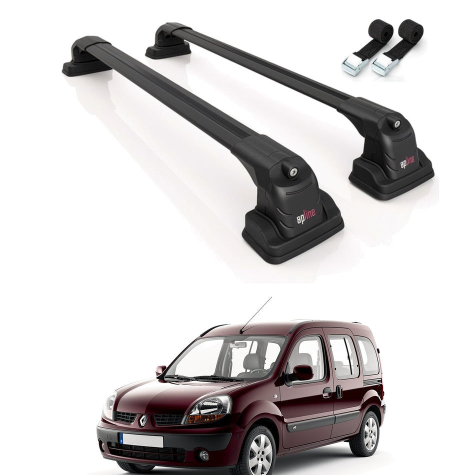 Roof Bars Compatible with Renault Kangoo 1996-2007, Black, 2 Bars with Straps
