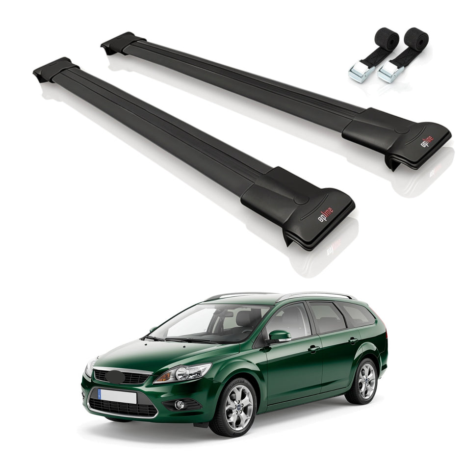 Roof Bars Compatible with Ford Focus 2 (C307) Turnier 2008-2010, Black, 2 Bars with Straps