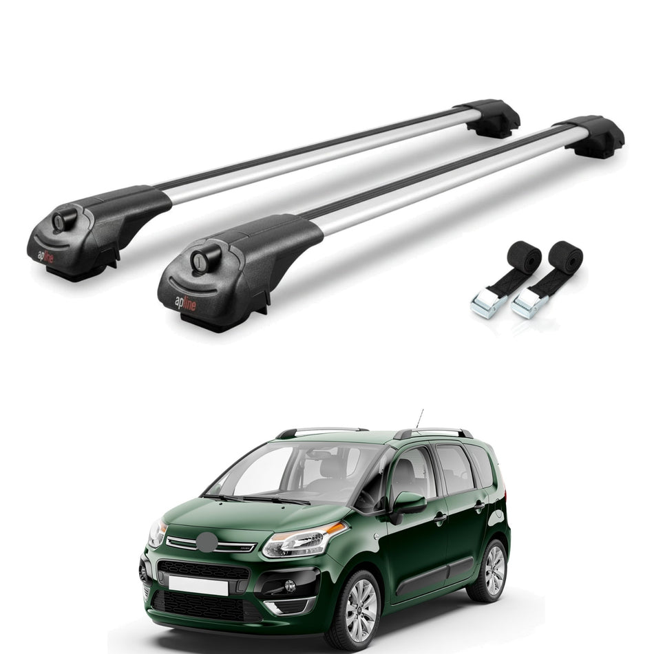 Roof Bars Compatible with Citroen C3 Picasso 2009-2017, Grey, 2 Bars with Straps.