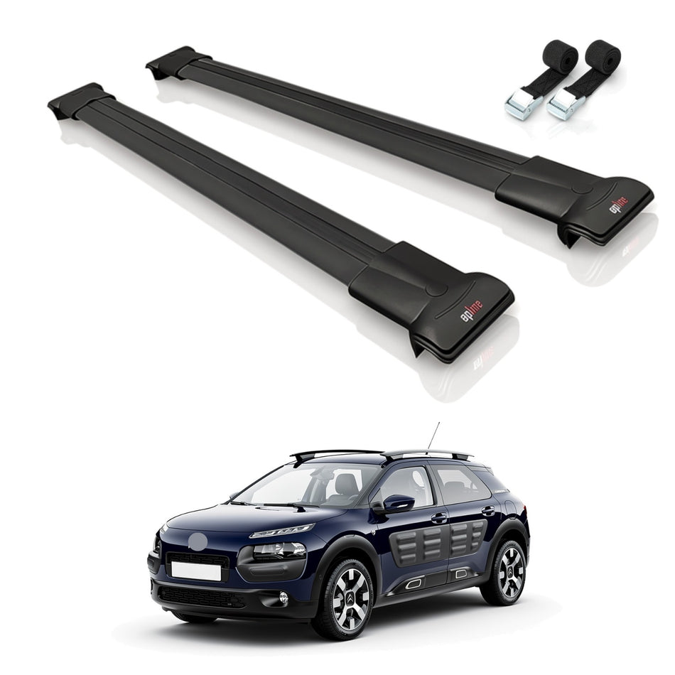 Roof Bars Compatible with Citroen C4 Cactus 2014-2021, Black, 2 Bars with Straps