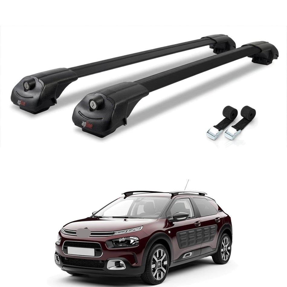 Roof Bars Compatible with Citroen C4 Cactus 2014-2021, Black, 2 Bars with Straps