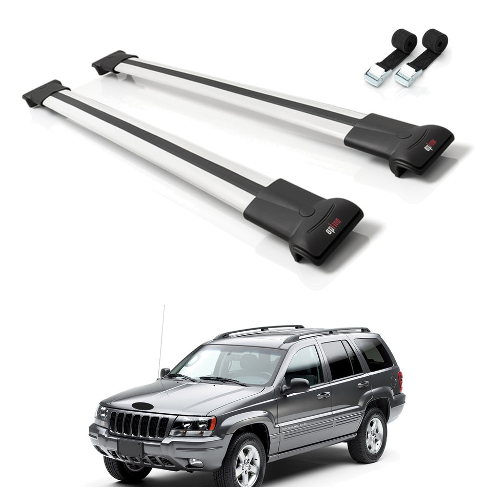 Roof Bars Compatible with Jeep Grand Cherokee 2 (WJ) 1999-2004, Grey, 2 Bars with Straps