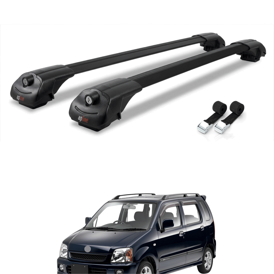 Roof Bars Compatible with Suzuki Wagon R+ 1998-2003, Black, 2 Bars with Straps