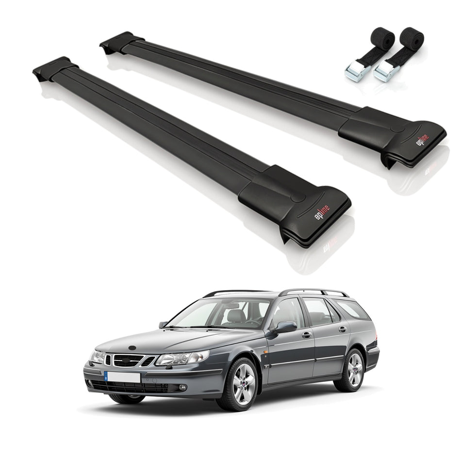 Roof Bars Compatible with Saab 9-5 (YS3E) SW 1998-2010, Black, 2 Bars with Straps