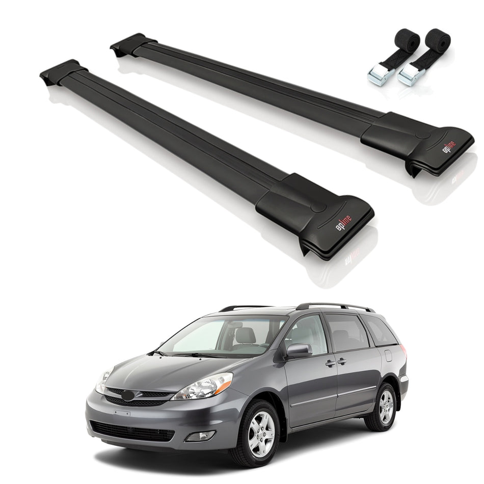 Roof Bars Compatible with Toyota Sienna 2 (XL20) 2004-2010, Black, 2 Bars with Straps