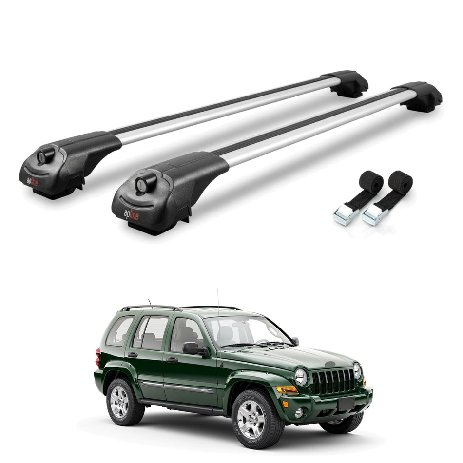 Roof Bars Compatible with Jeep Liberty 2002-2007, Grey, 2 Bars with Straps.