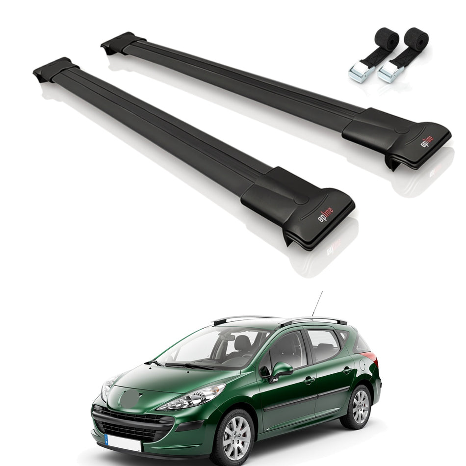 Roof Bars Compatible with Peugeot 207 SW 2006-2014, Black, 2 Bars with Straps