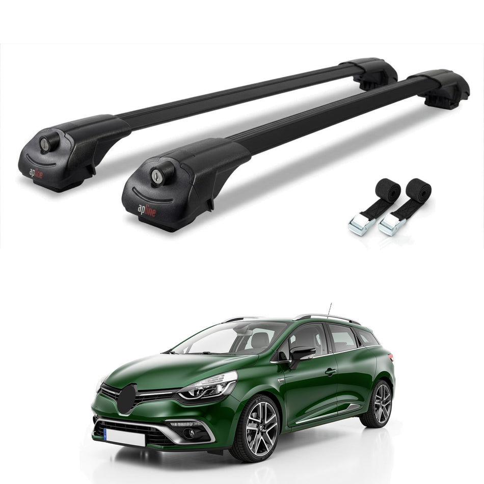 Roof Bars Compatible with Renault Clio 4 ST 2013-2020, Black, 2 Bars with Straps