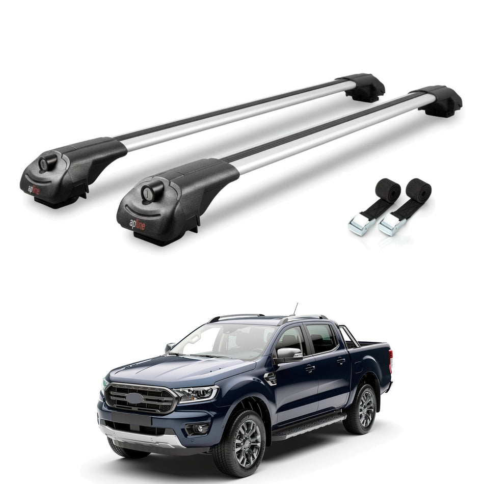 Roof Bars Compatible with Ford Ranger (P703) 2022-2024, Grey, 2 Bars with Straps.