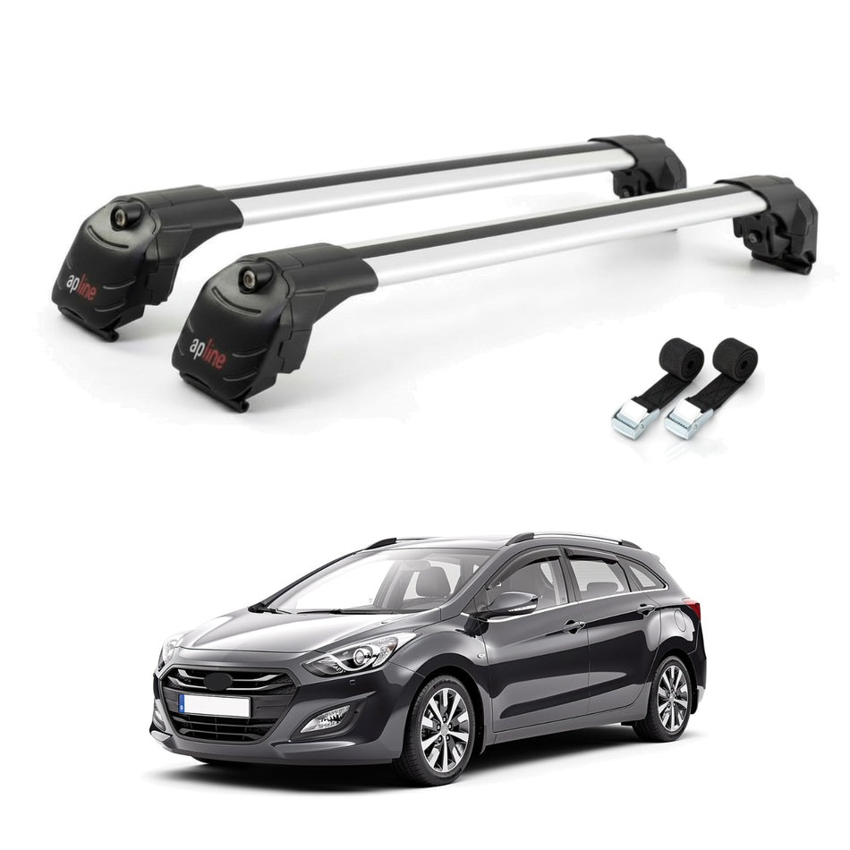 Roof Bars Compatible with Hyundai i30 2 (GD) Tourer 2012-2016, Grey, 2 Bars with Straps