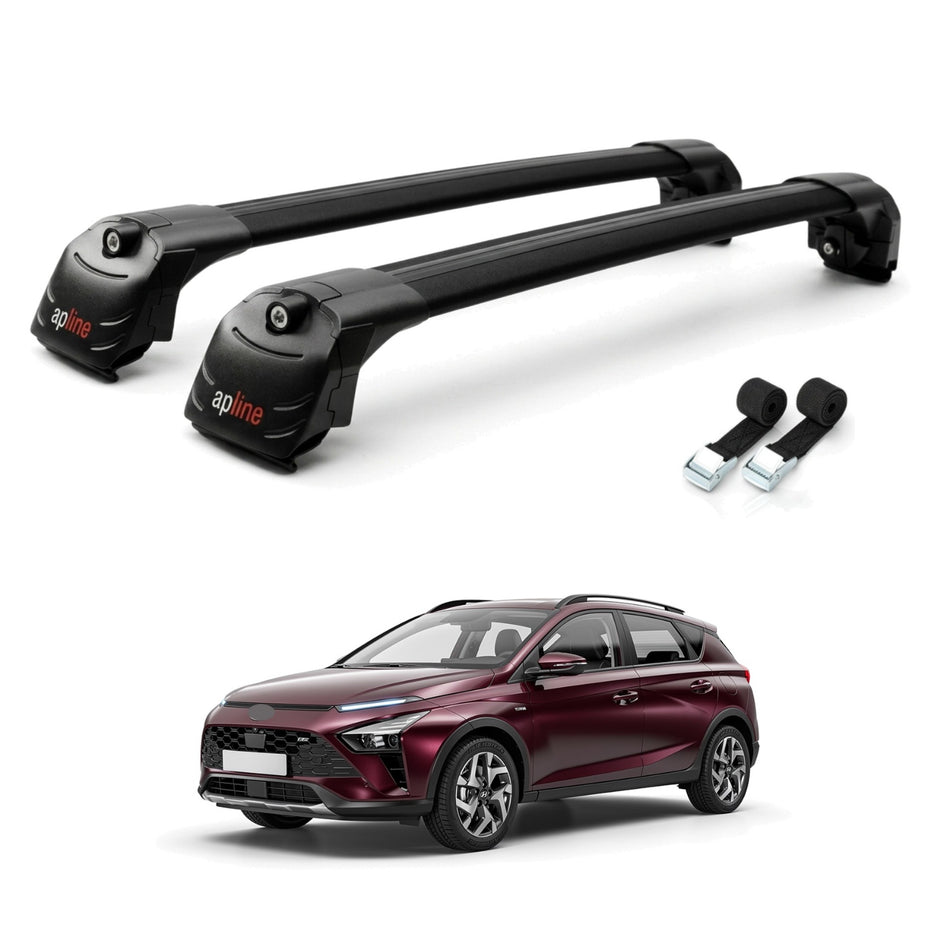 Roof Bars Compatible with Hyundai Bayon (BC3) 2021-2025, Black, 2 Bars with Straps