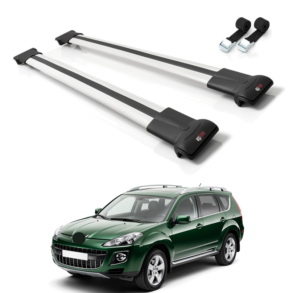 Roof Bars Compatible with Peugeot 4007 2007-2012, Grey, 2 Bars with Straps