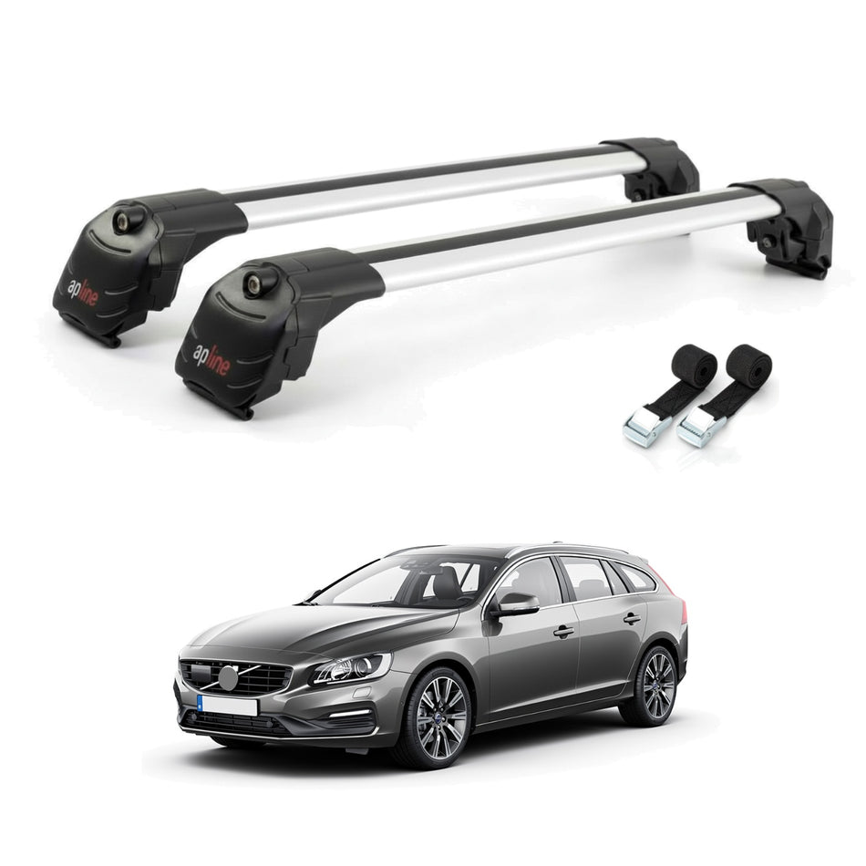 Roof Bars Compatible with Volvo V60 2011-2018, Grey, 2 Bars with Straps