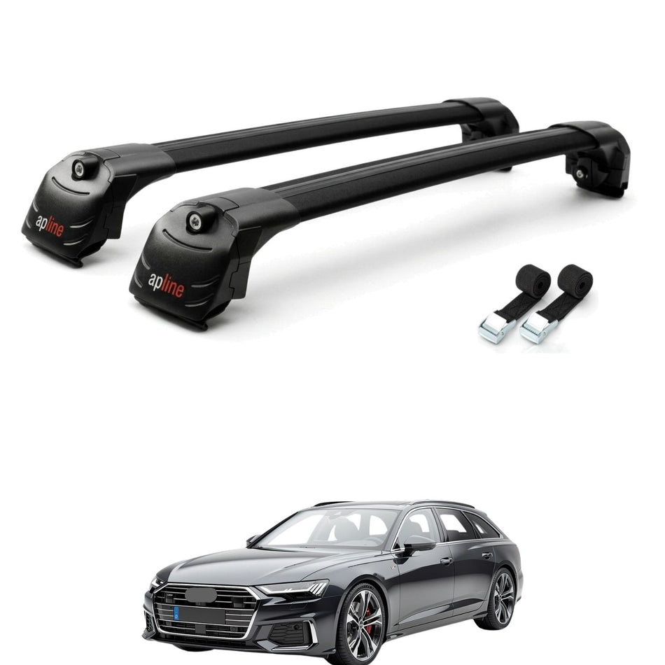 Roof Bars Compatible with Audi A6 (C8) Avant 2019-2025, Black, 2 Bars with Straps