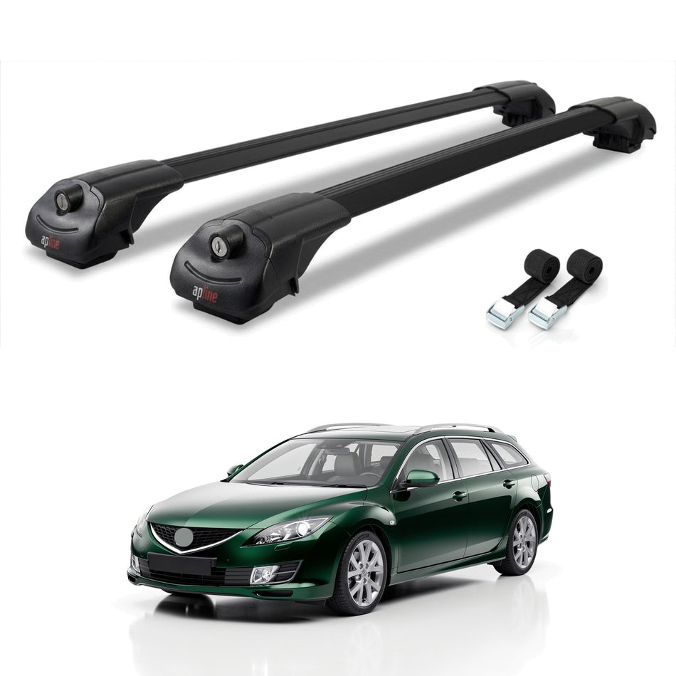 Roof Bars Compatible with Mazda 6 II (GZ) Wagon 2008-2012, Black, 2 Bars with Straps
