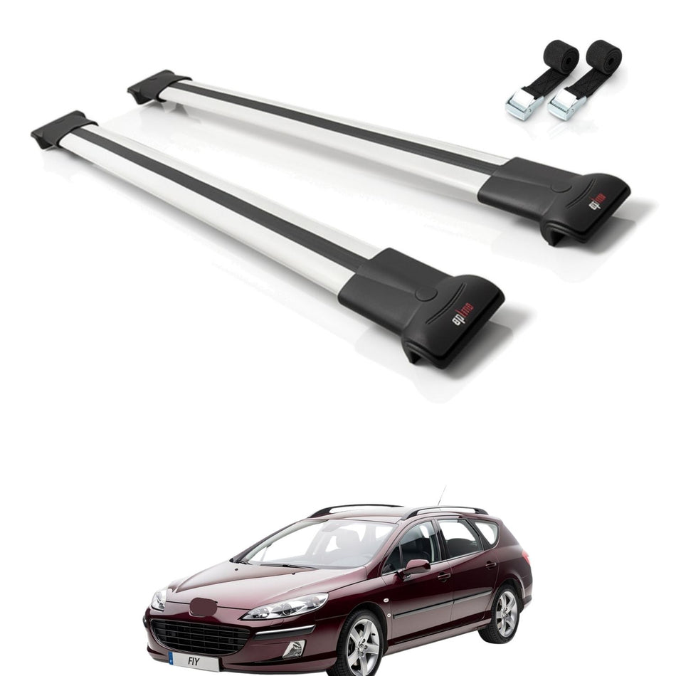 Roof Bars Compatible with Peugeot 407 SW 2005-2011, Grey, 2 Bars with Straps