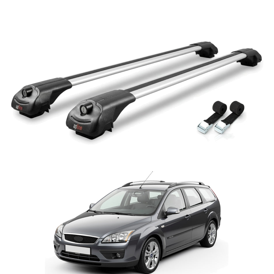 Roof Bars Compatible with Ford Focus 2 (C307) SW 2005-2010, Grey, 2 Bars with Straps.