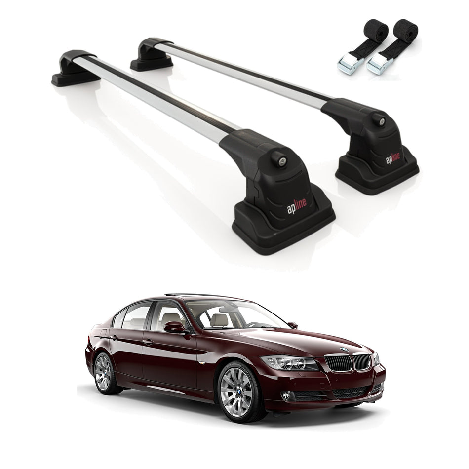 Roof Bars Compatible with BMW 3 Series (E90) 2006-2011, Grey, 2 Bars with Straps