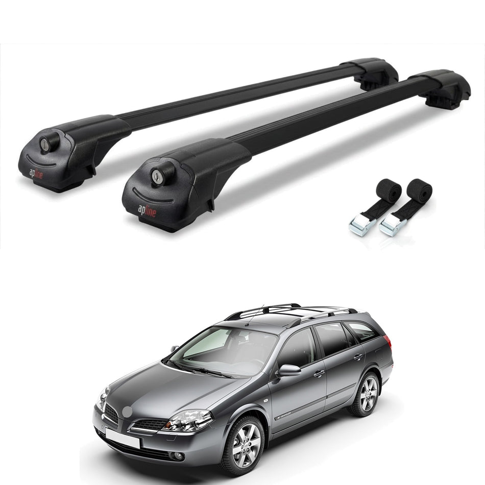 Roof Bars Compatible with Nissan Primera 3 (W12) Traveller 2002-2007, Black, 2 Bars with Straps