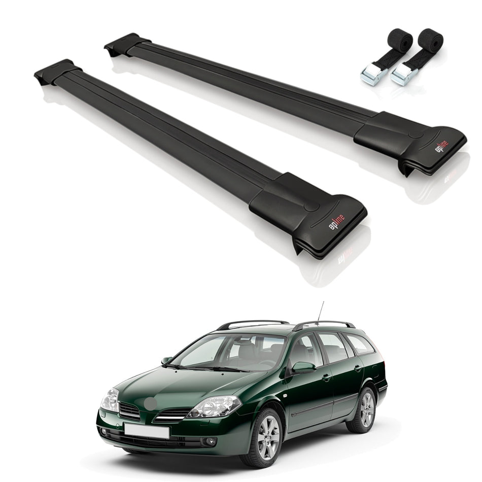 Roof Bars Compatible with Nissan Primera 3 (W12) Traveller 2002-2007, Black, 2 Bars with Straps