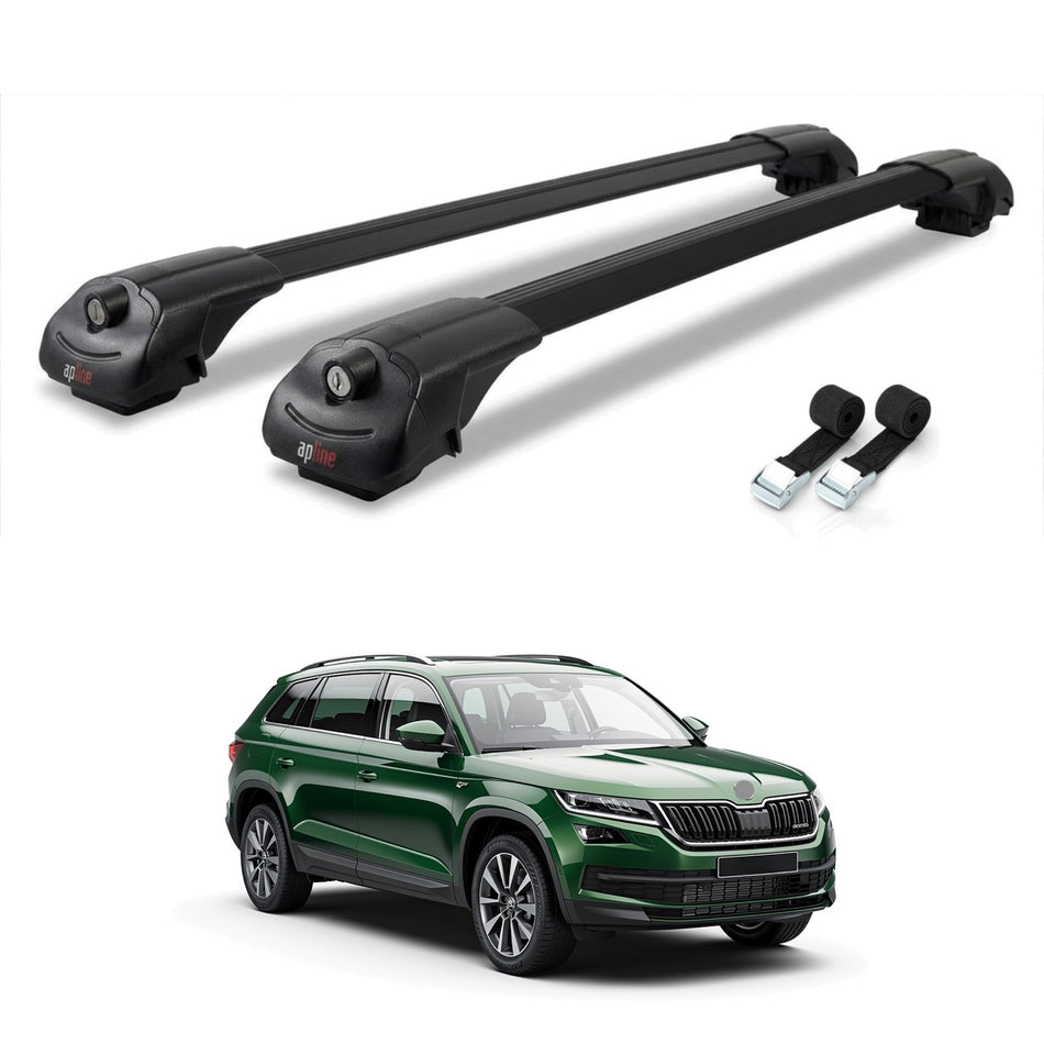 Roof Bars Compatible with Skoda Kodiaq 2017-2023, Black, 2 Bars with Straps