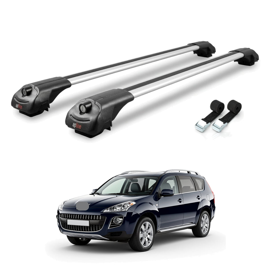 Roof Bars Compatible with Peugeot 4007 2007-2012, Grey, 2 Bars with Straps.
