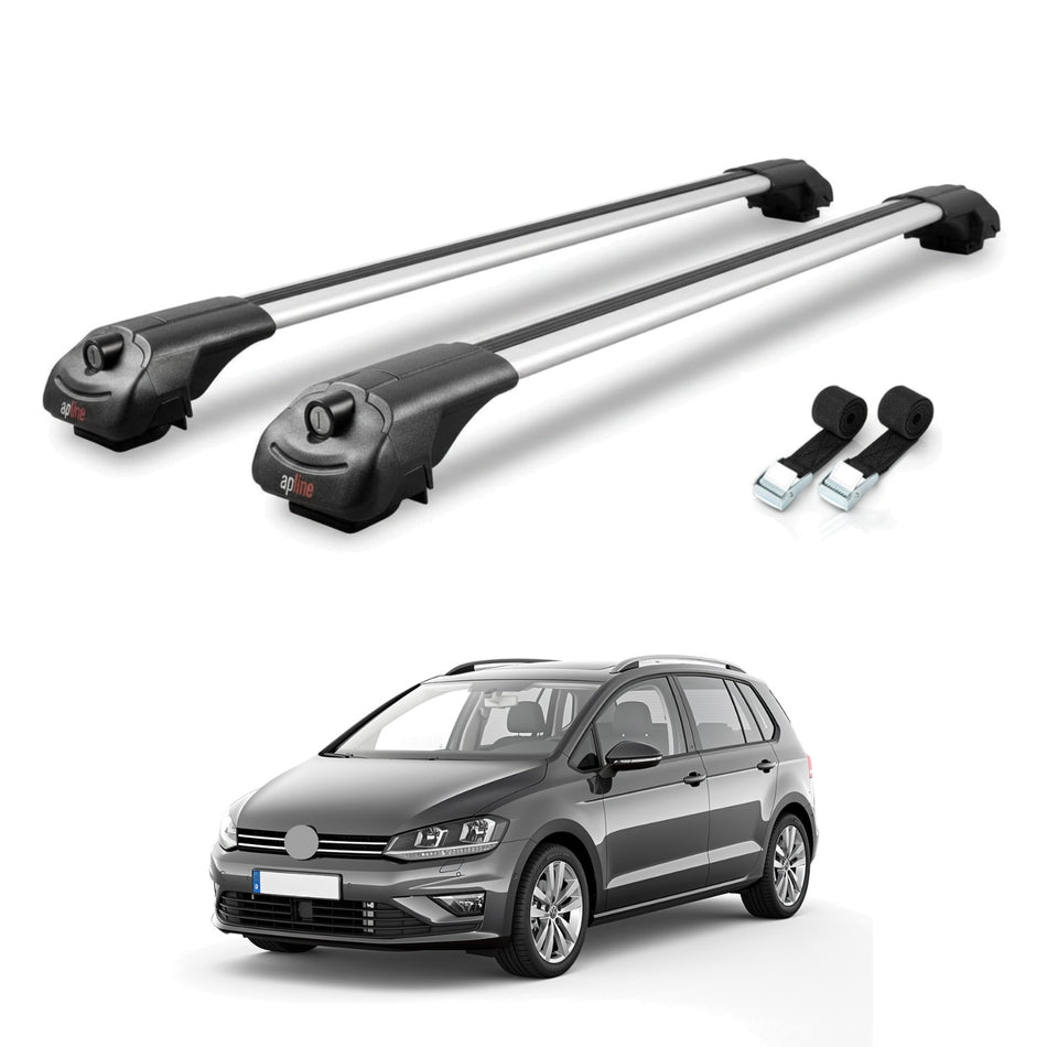 Roof Bars Compatible with Volkswagen Golf Sportvan 2014-2017, Grey, 2 Bars with Straps.