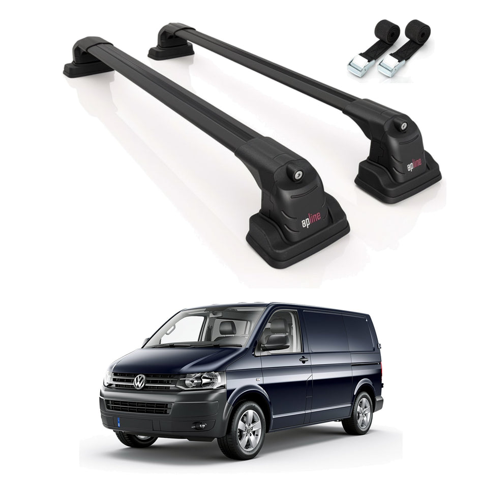 Roof Bars Compatible with Volkswagen Transporter (T5) 2003-2015, Black, 2 Bars with Straps