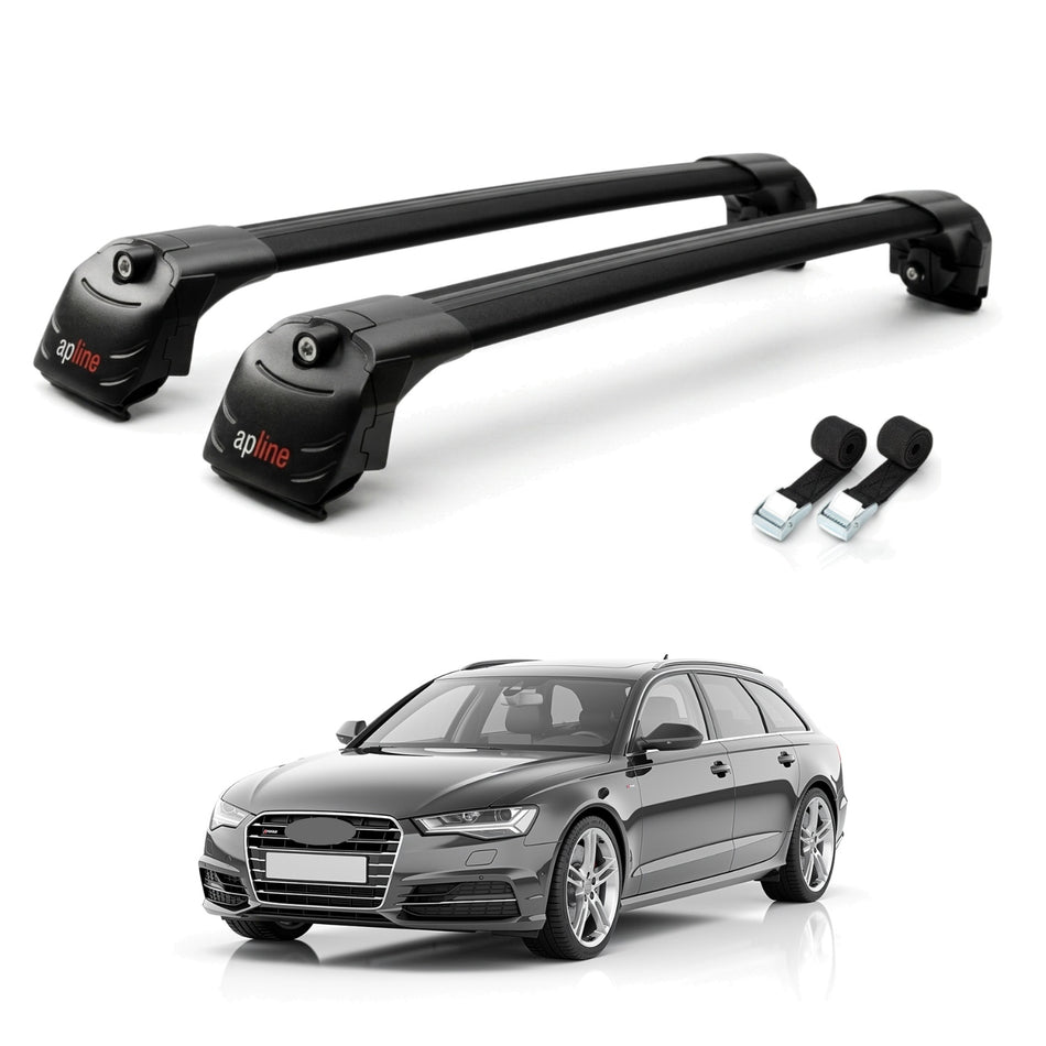 Roof Bars Compatible with Audi A6 (C7) Avant 2011-2018, Black, 2 Bars with Straps