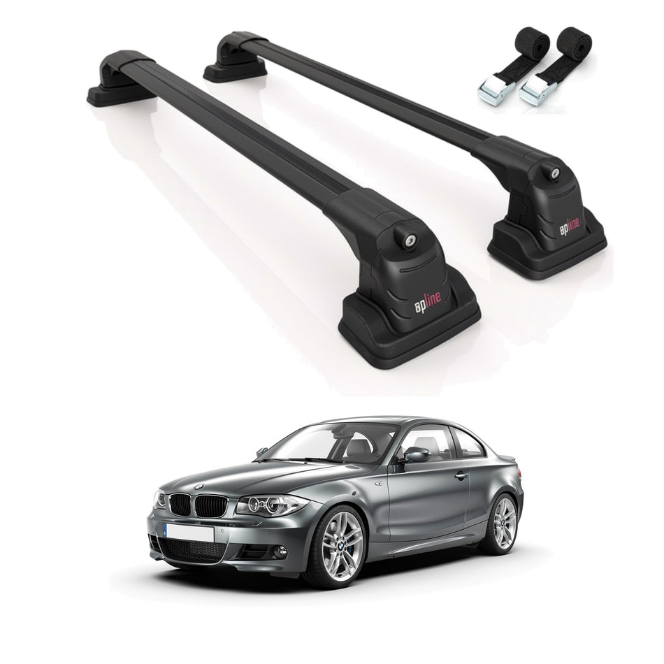 Roof Bars Compatible with BMW 1 Series (E82) 2007-2013, Black, 2 Bars with Straps