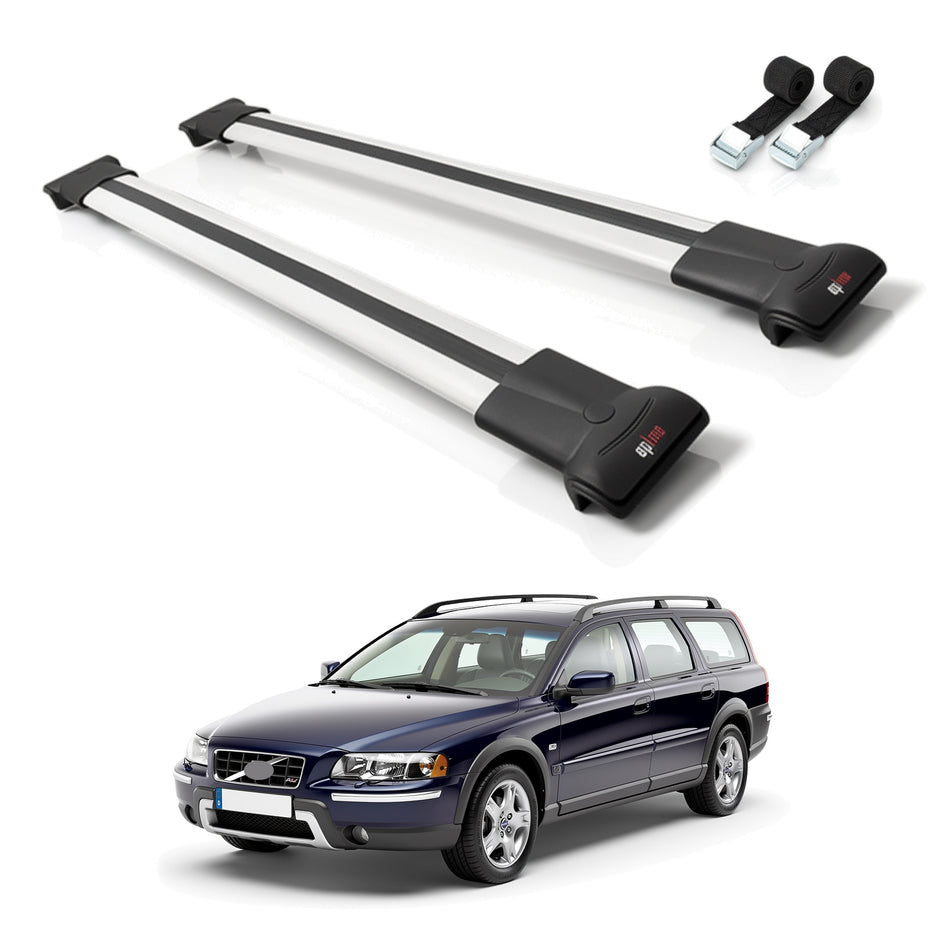Roof Bars Compatible with Volvo XC70 (P2) 2000-2007, Grey, 2 Bars with Straps