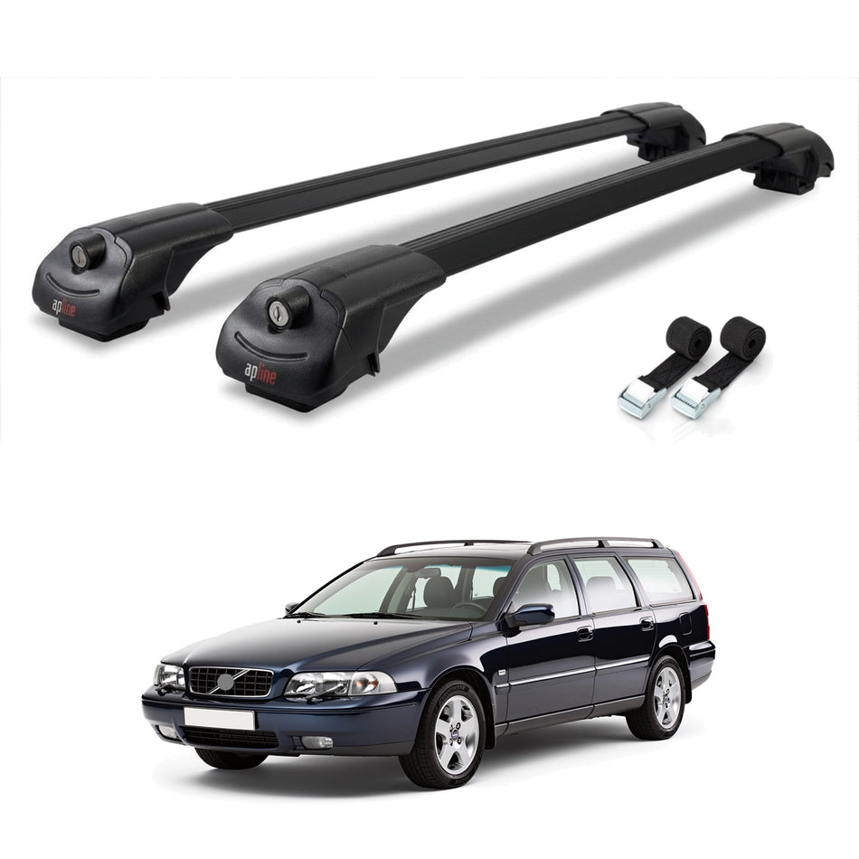 Roof Bars Compatible with Volvo XC70 1998-2000, Black, 2 Bars with Straps
