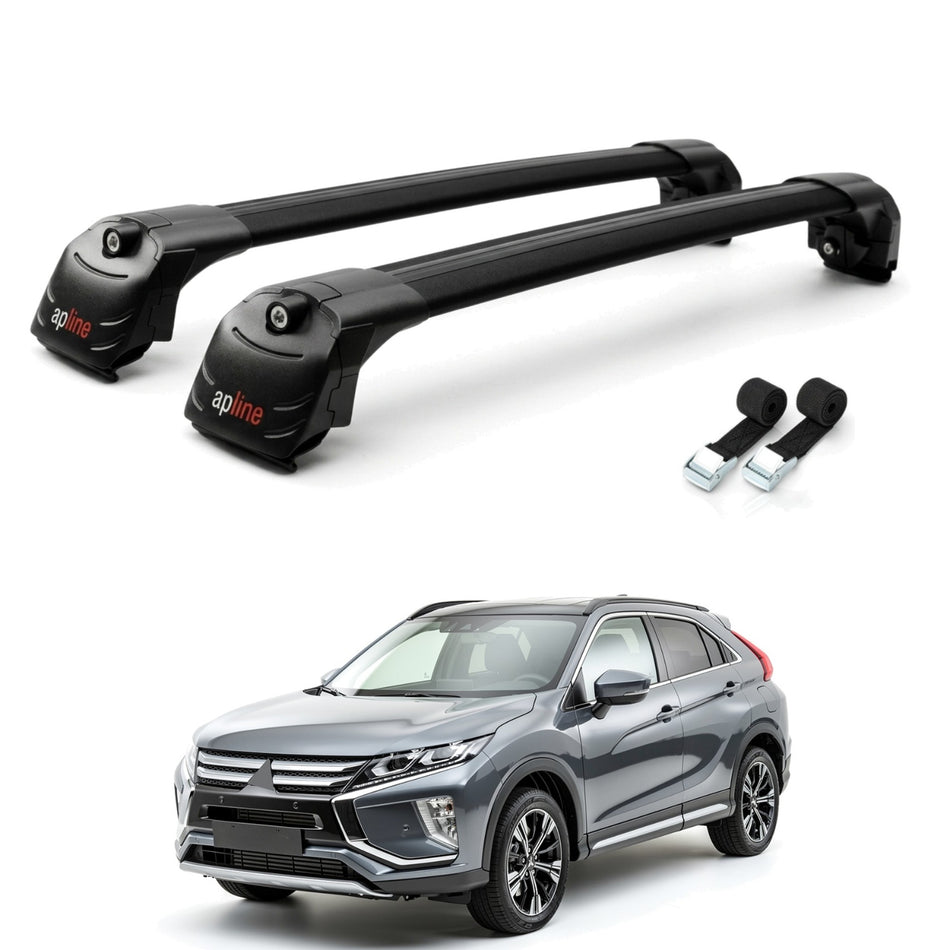 Roof Bars Compatible with Mitsubishi Eclipse Cross (GK) 2018-2025, Black, 2 Bars with Straps