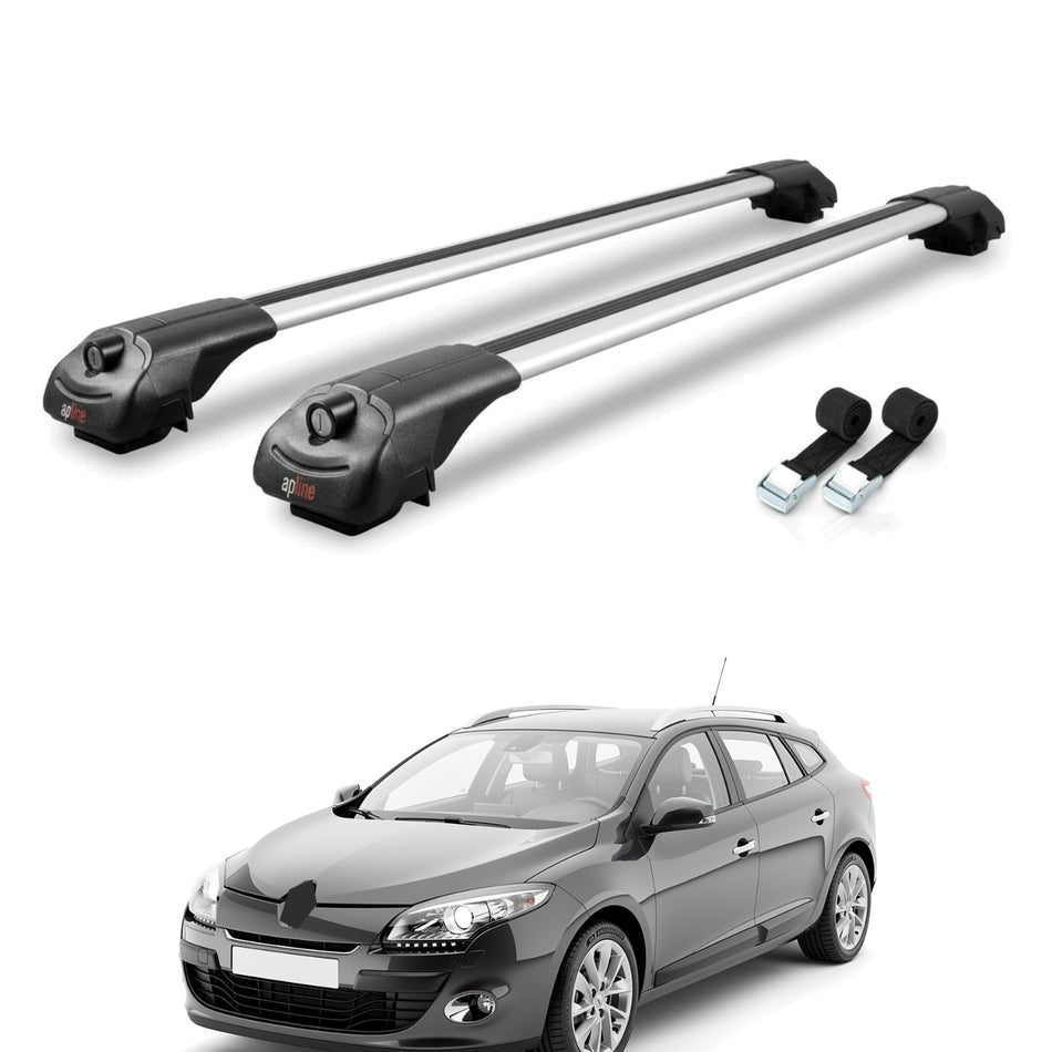 Roof Bars Compatible with Renault Megane 3 ST 2009-2015, Grey, 2 Bars with Straps.