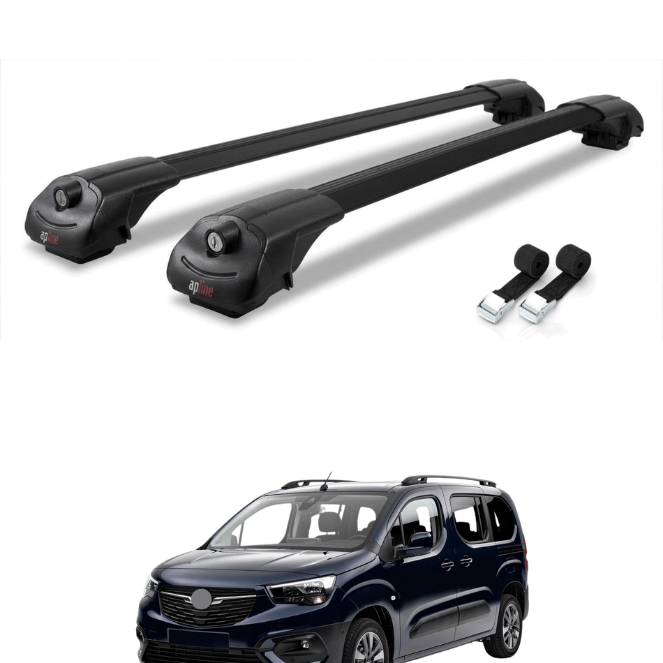 Roof Bars Compatible with Opel Combo E 2019-2022, Black, 2 Bars with Straps
