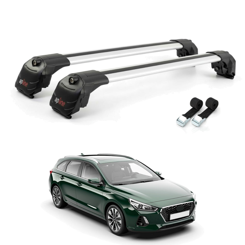 Roof Bars Compatible with Hyundai i30 3 (PD) Tourer 2017-2025, Grey, 2 Bars with Straps