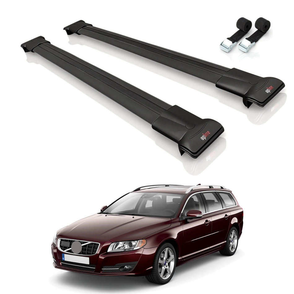 Roof Bars Compatible with Volvo V70 III 2008-2016, Black, 2 Bars with Straps