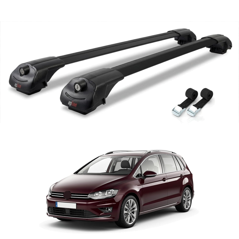 Roof Bars Compatible with Volkswagen Golf Sportvan 2014-2017, Black, 2 Bars with Straps