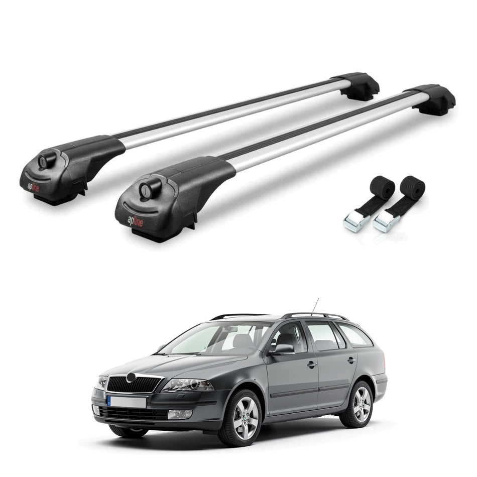 Roof Bars Compatible with Skoda Octavia 2 (1Z) 2004-2013, Grey, 2 Bars with Straps.