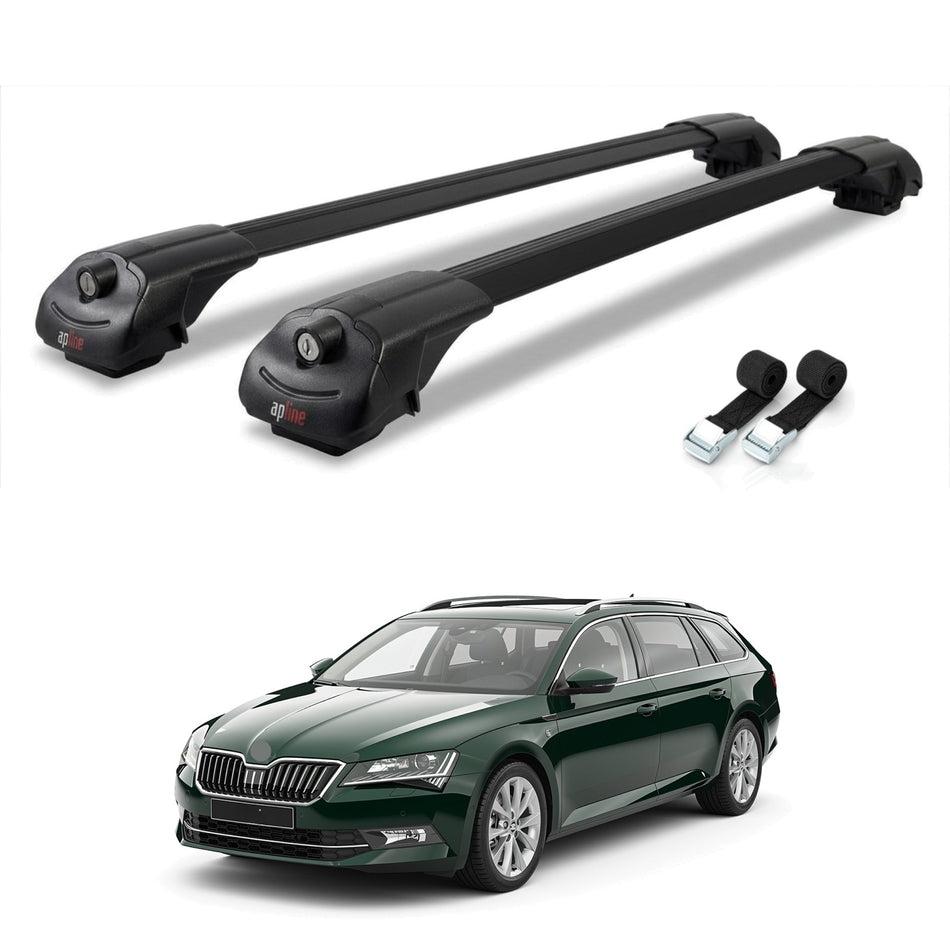 Roof Bars Compatible with Skoda Superb 3 (3V) SW Pre-Facelift 2015-2019, Black, 2 Bars with Straps