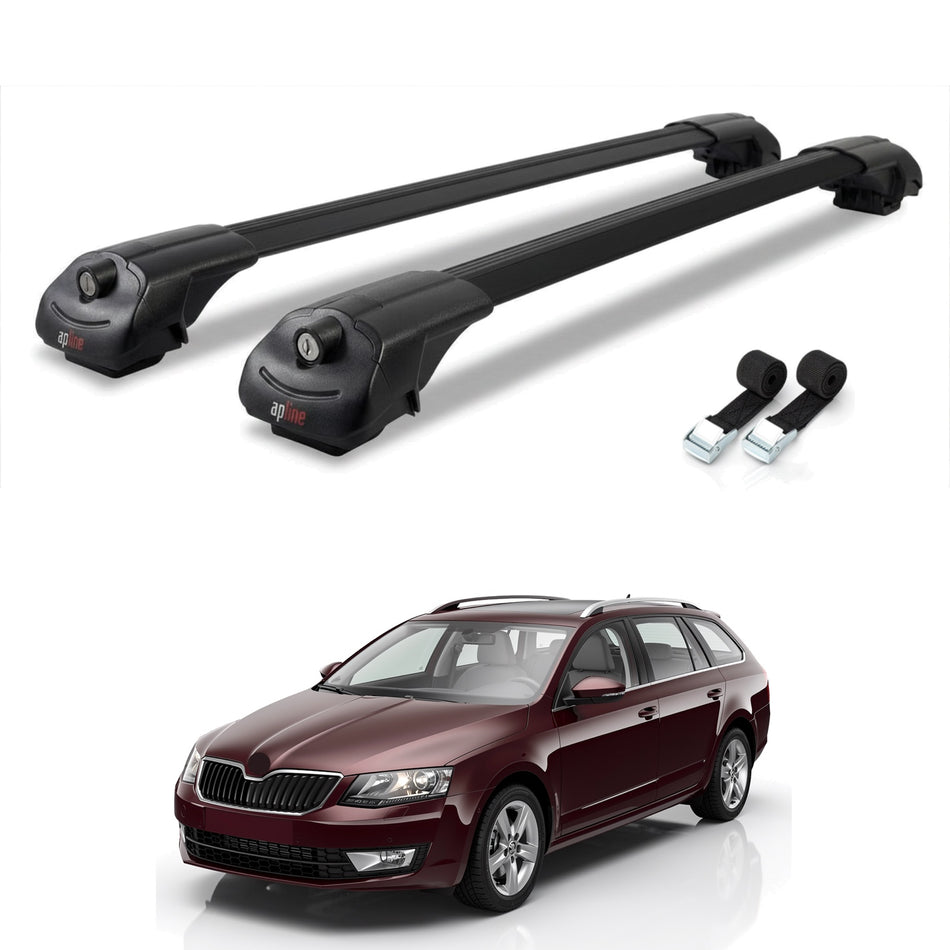 Roof Bars Compatible with Skoda Octavia 3 (5E) SW Pre-Facelift 2013-2016, Black, 2 Bars with Straps