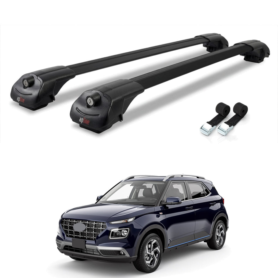 Roof Bars Compatible with Hyundai Venue (QX) 2019-2024, Black, 2 Bars with Straps