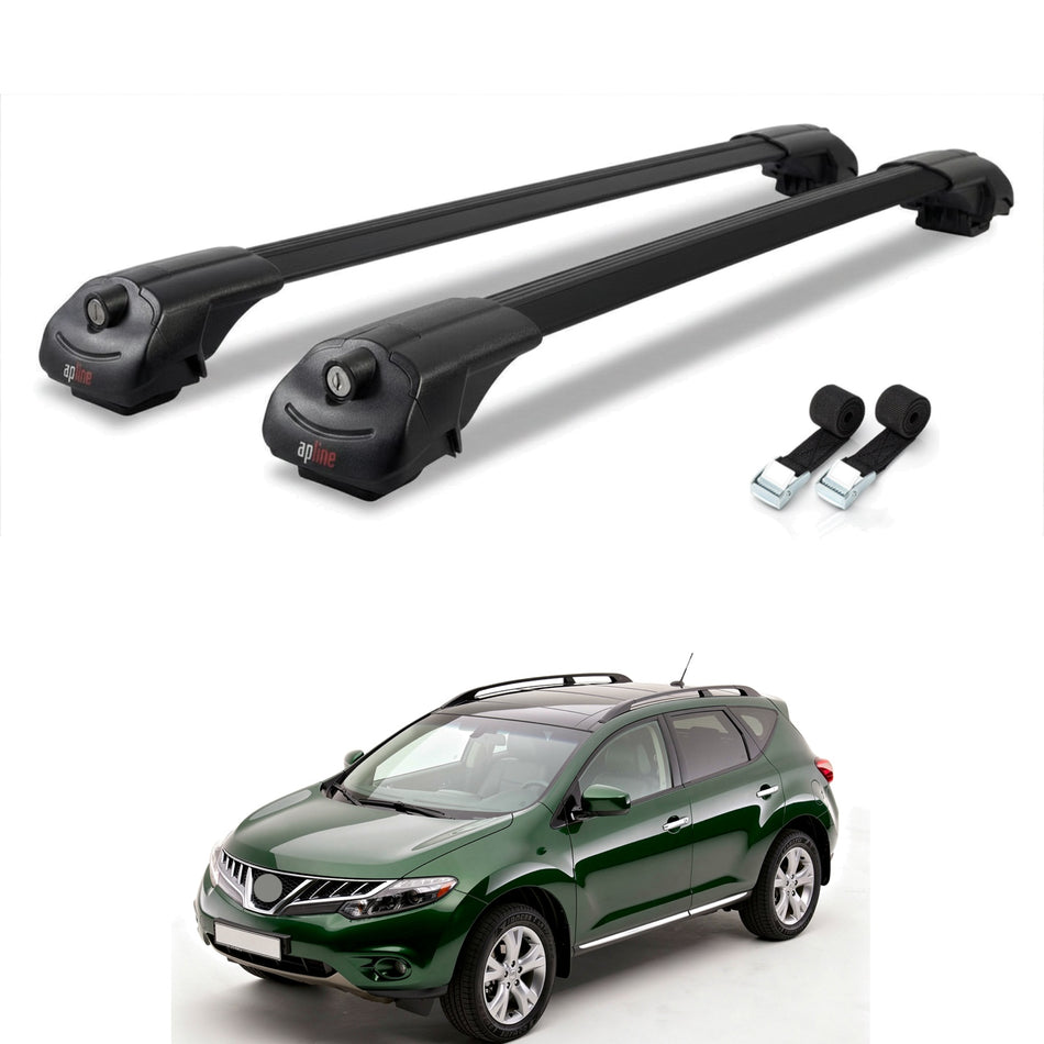 Roof Bars Compatible with Nissan Murano 2 (Z51) 2008-2014, Black, 2 Bars with Straps