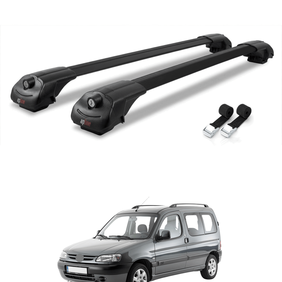 Roof Bars Compatible with Peugeot Partner Pre-Facelift 1996-2003, Black, 2 Bars with Straps
