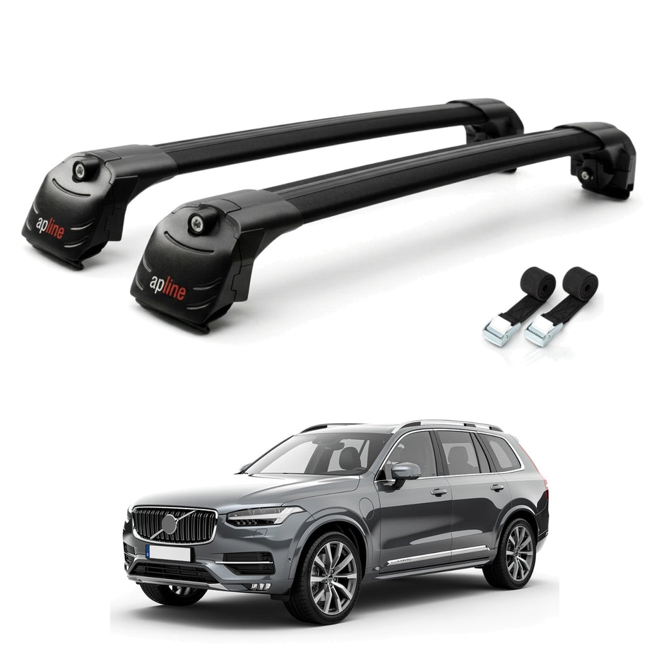 Roof Bars Compatible with Volvo XC90 II 2015-2025, Black, 2 Bars with Straps