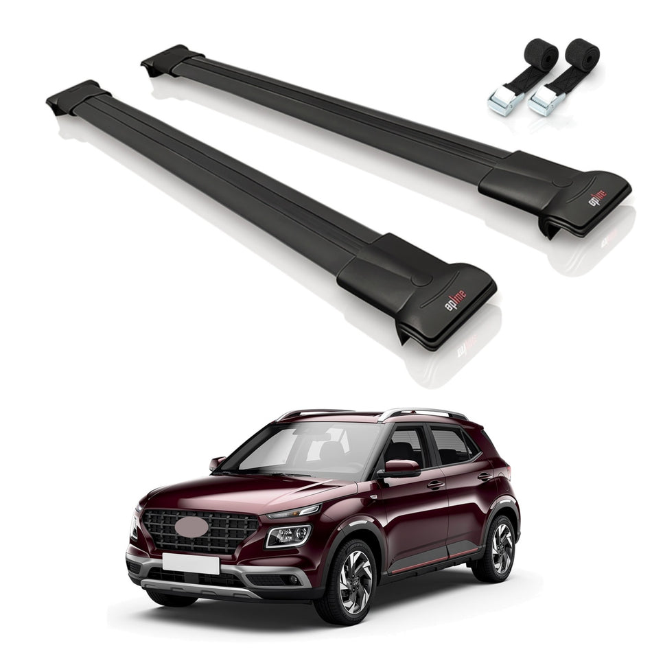 Roof Bars Compatible with Hyundai Venue (QX) 2019-2024, Black, 2 Bars with Straps